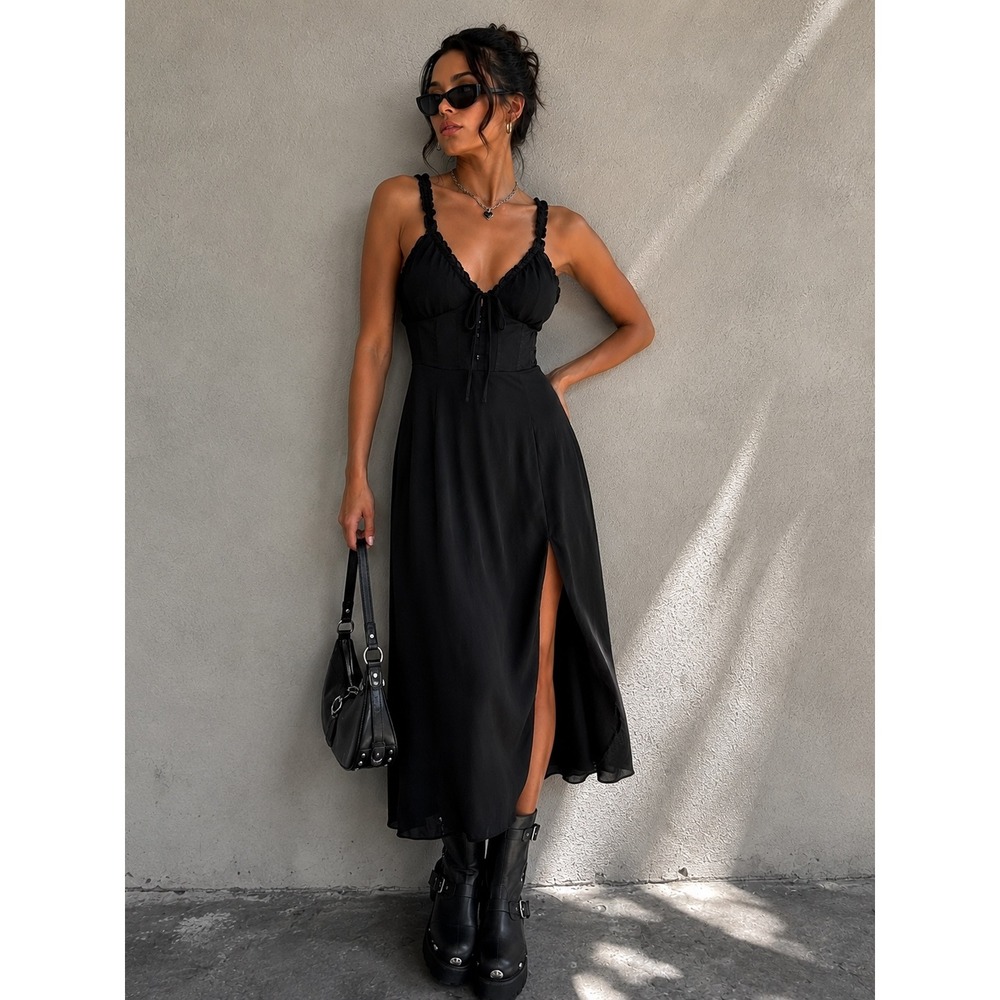 Beverly and Beck Black Bustier Midi Dress XS Ruffle Strap Baby Doll Dark Goth